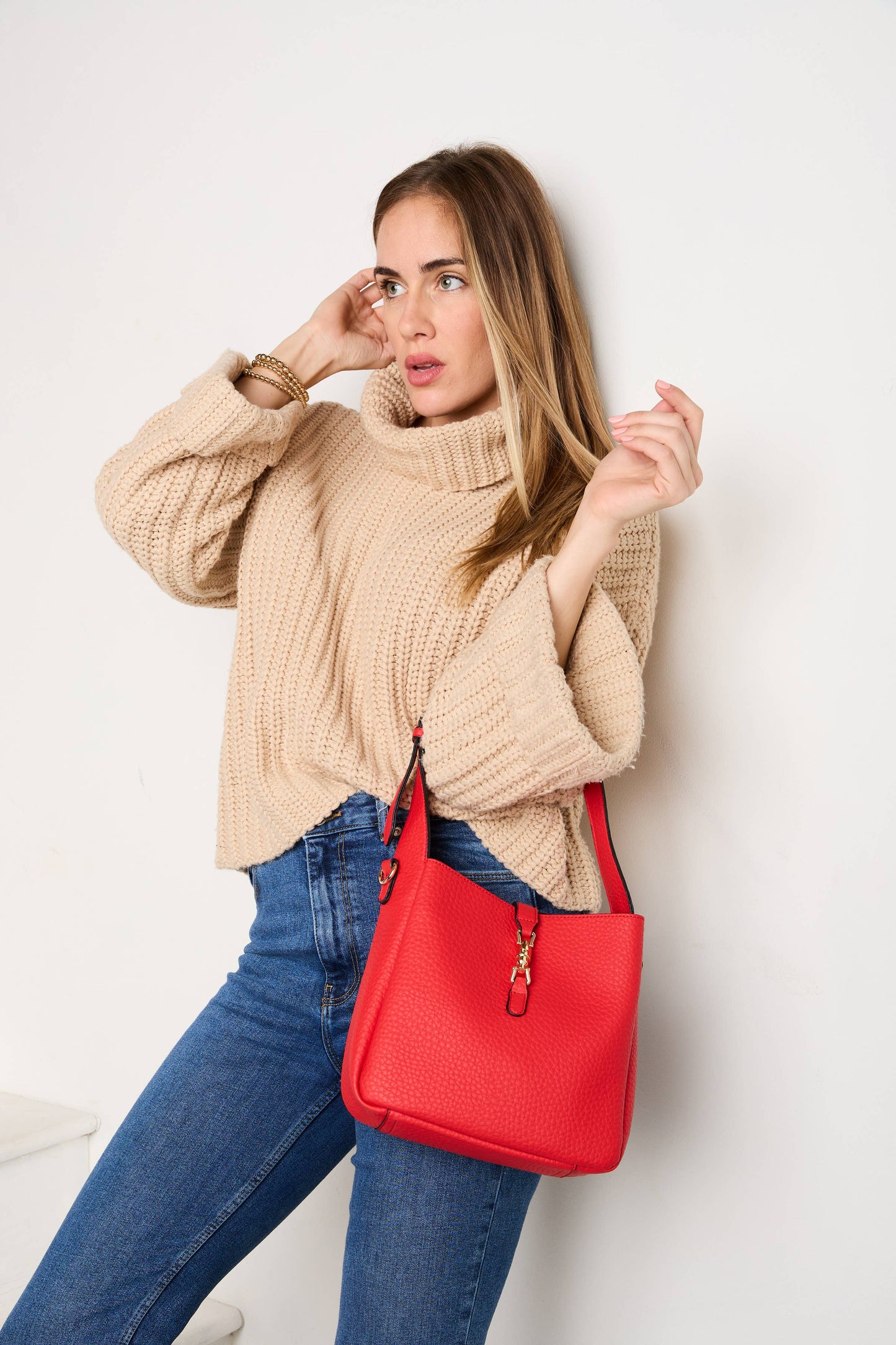 M2610 Agnes Classic Satchel w/ Press Lock & Inner Bag: Cherry Red