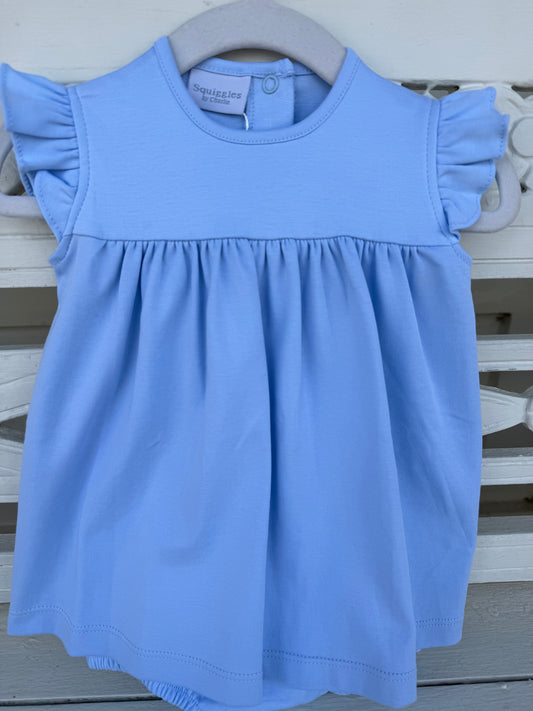 Squiggles Apron Romper with Flutter Sleeves: Blue