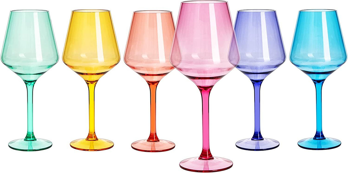 Unbreakable Colored Stemmed Wine Glasses, Acrylic oz Set - 6