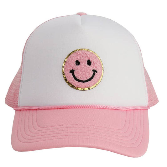 Happy Face Patch Trucker Hat: Pink