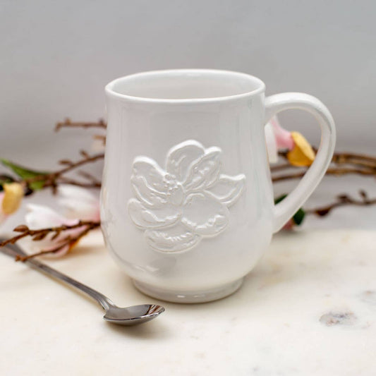 Magnolia Embossed Coffee Mug   White   18 oz