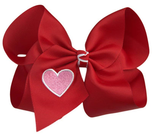 Red Bow with Pink Heart Embroidered Bow: 5 inch / Alligator Clip
