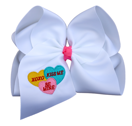 Conversation Hearts Embroidered Bow ❤️: 5 inch / Alligator Clip