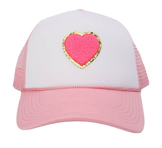Chenille Heart Trucker Hat: Hot pink
