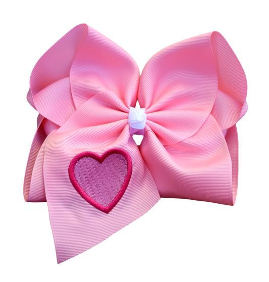 Pink Heart Embroidered Hair Bow: 5 inch / Alligator Clip