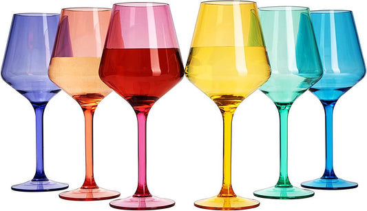 Unbreakable Colored Stemmed Wine Glasses, Acrylic oz Set - 6